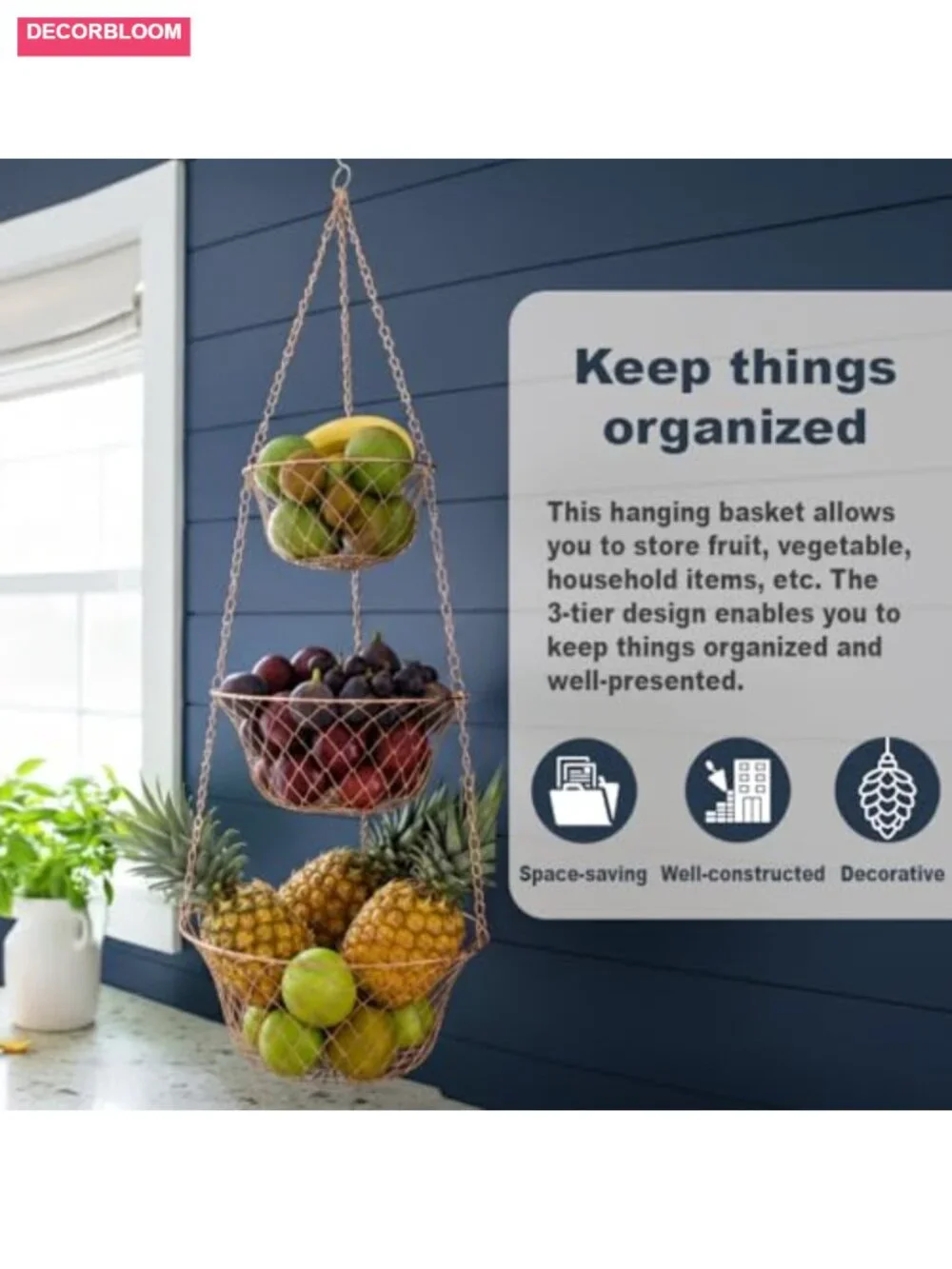 3 Tier Hanging Fruit Basket Heavy Duty Wire Storage Rack with Hooks